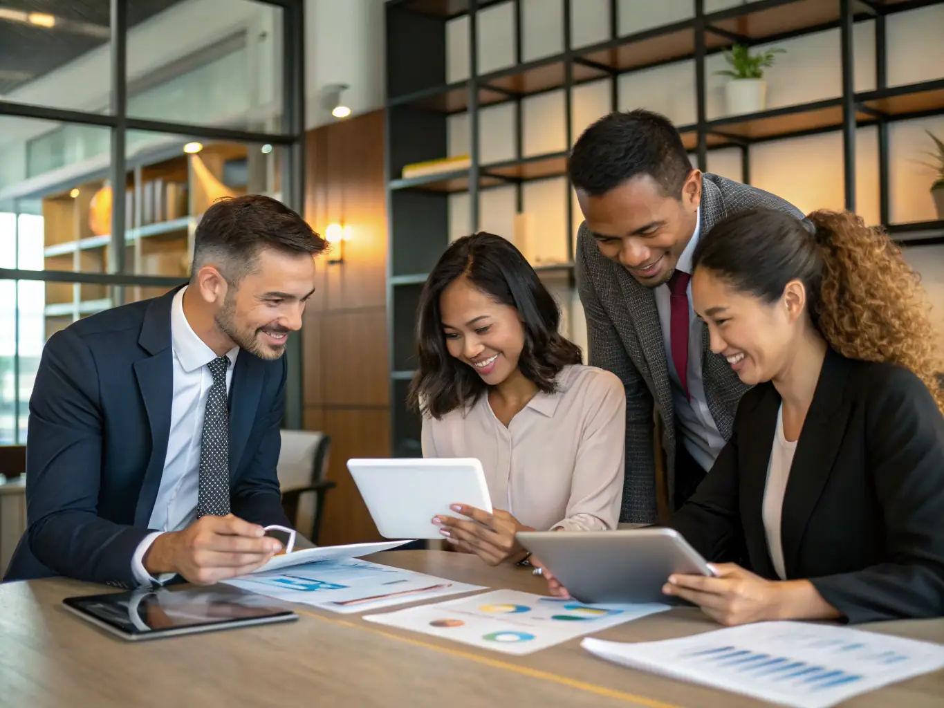 A team of financial experts collaborating in a modern office, discussing capital management strategies and analyzing financial reports.