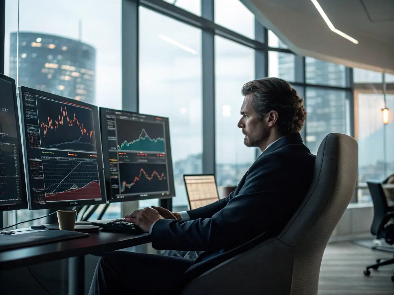 A professional investor analyzing market data on a computer screen, with charts and graphs displayed in the background, representing investment planning.