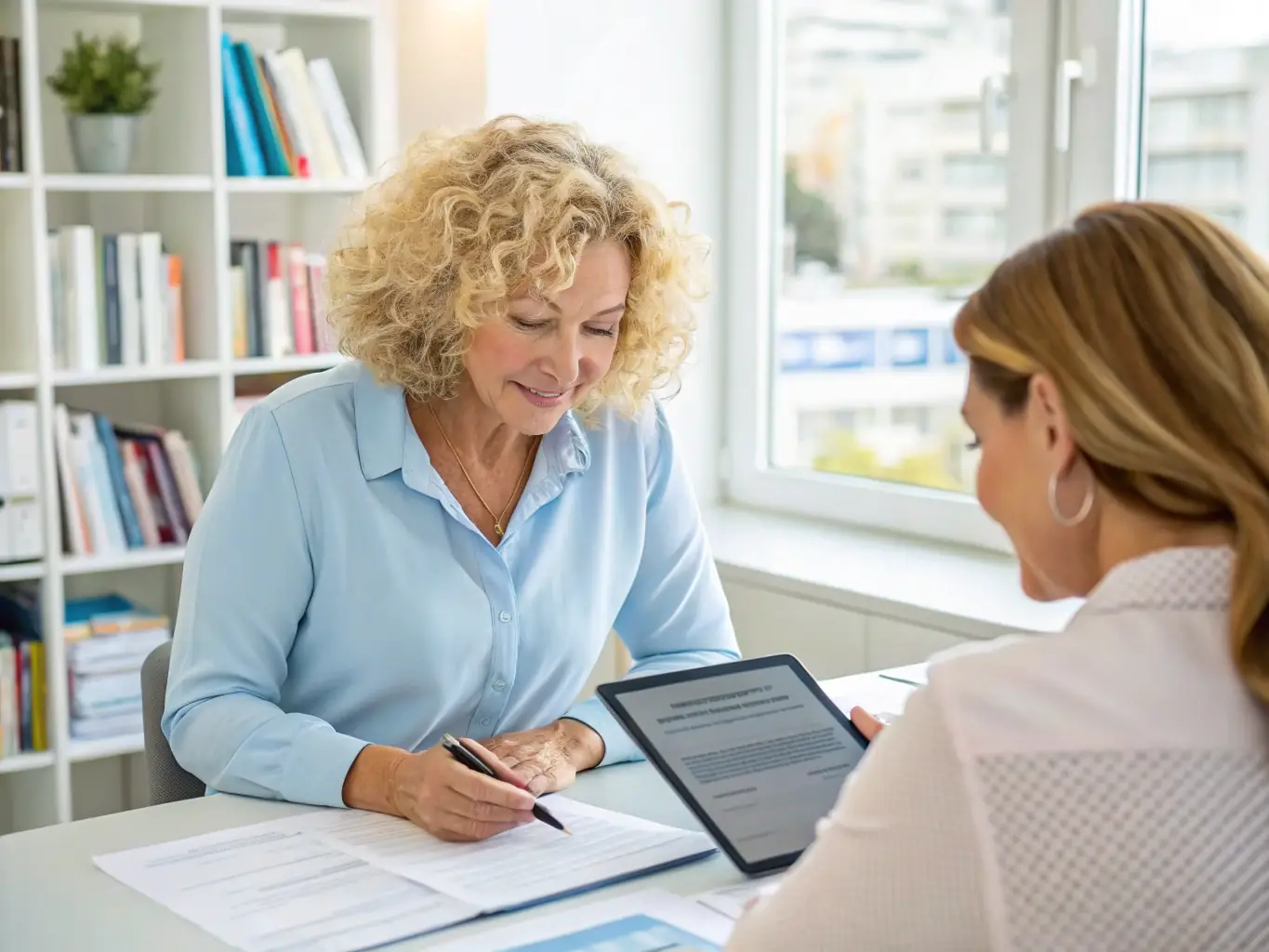 A financial consultant providing expert advice to a client in a professional setting, discussing financial planning and investment options.